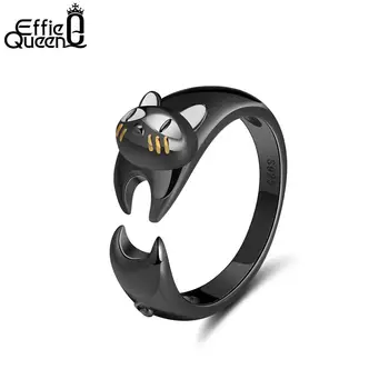 

Effie Queen Real 925 Sterling Silver Women Ring Gun Black Stretching Cat Adjustable Size Girl Original Designs Jewelry KSR93
