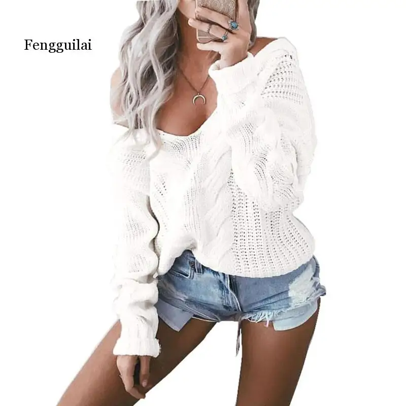 

Women's Sexy V Neck Oversized Off Shoulder Sweaters Jumper Hollow Soft Warm Knitted Sweater Open Front Tops Long Sleeve Knitwear