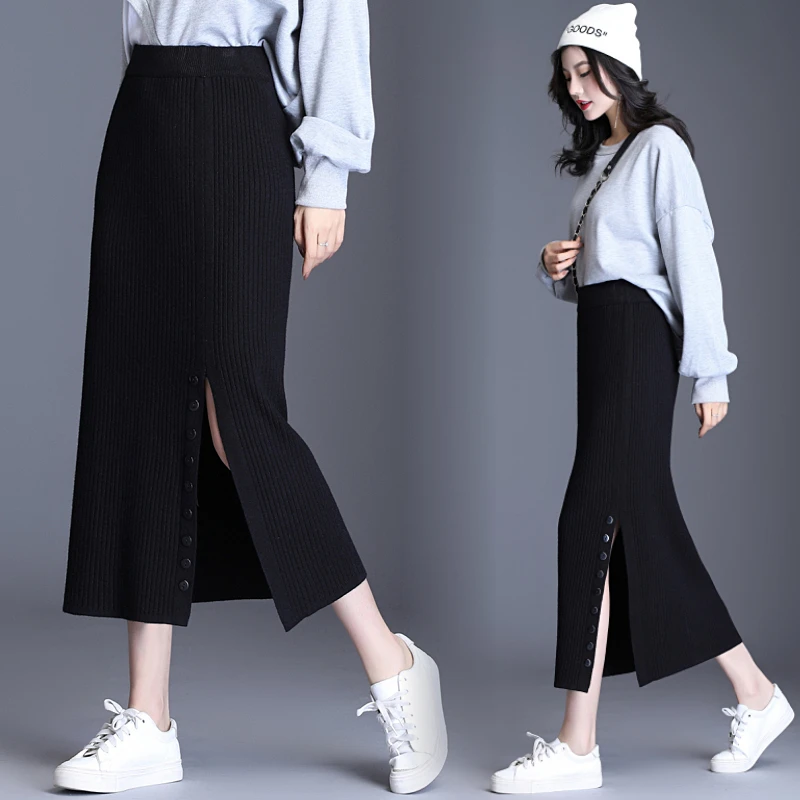 HAYBLST брендовая юбка женская Осень Зима Плюс Размер XL элегантный корейский стиль модная однотонная длинная трикотажная открытая вилка одежда