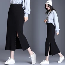 HAYBLST брендовая юбка женская Осень Зима Плюс Размер XL элегантный корейский стиль модная однотонная длинная трикотажная открытая вилка одежда