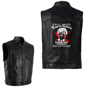 

Tokyo Ghoul Japan Anime Kankei Ken PU Jacket Vest Mens Sleeveless Punk Pocket Black Brand Motorcycle Waistcoat Coats Streetwear