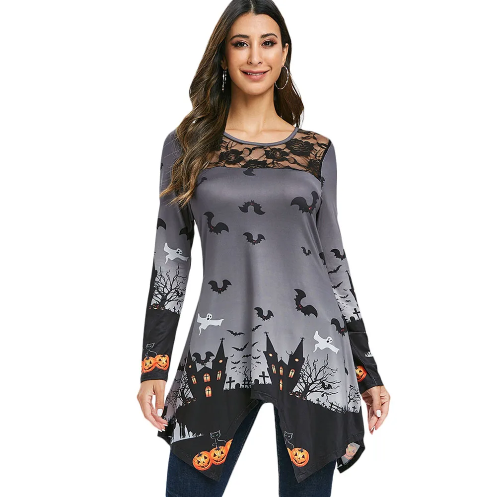 

Fashion Ladies Halloween Lace Panel Pumpkin Print T-Shirt Top Round Collar Polyester Long Sleeve T-Shirt For Women Sweatshirt