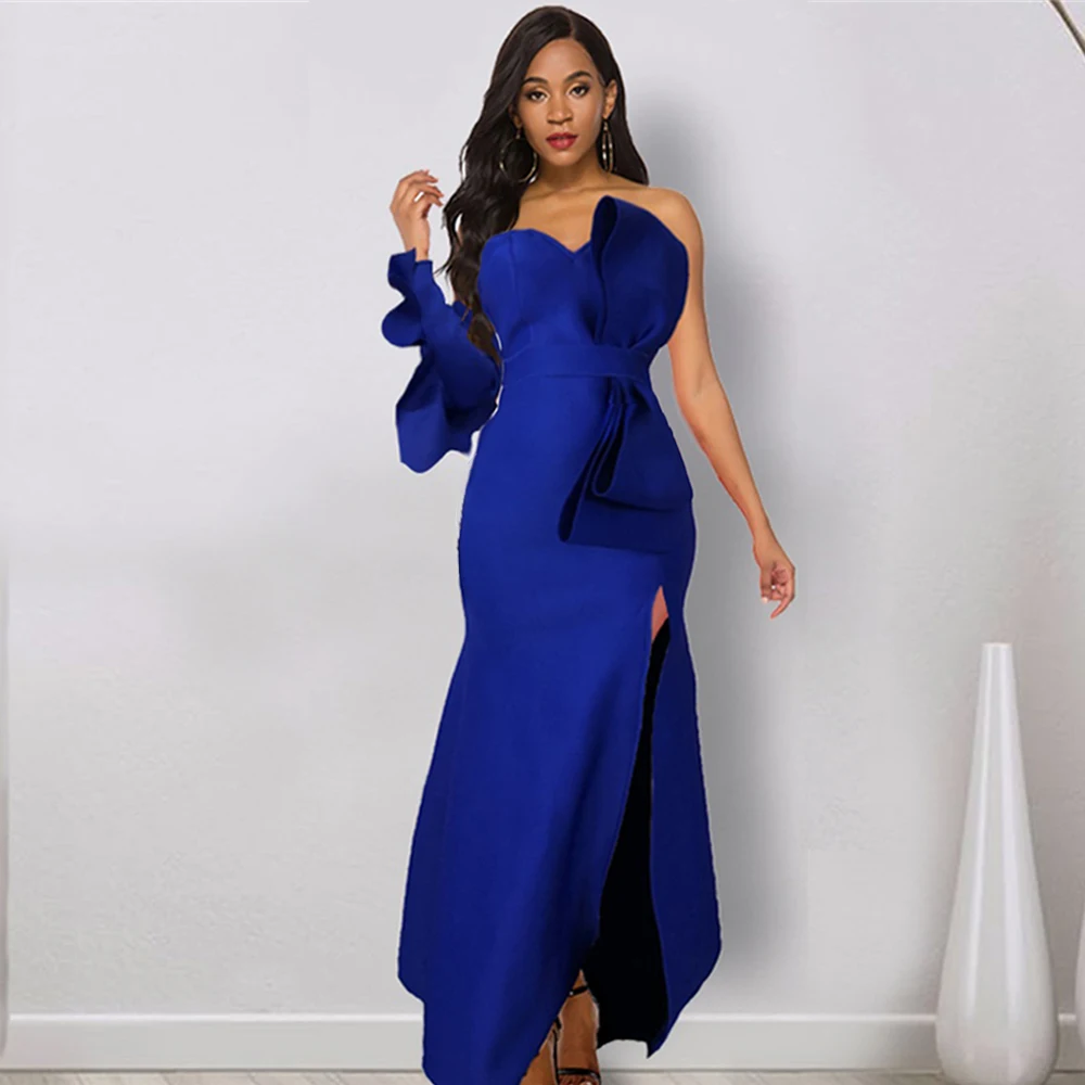 

Women Maxi Blue Party Dress Sexy Big Bowtie Event Occation Flounce Elegant Backless Celebrate Dinner Party Evening Bodycon Robes