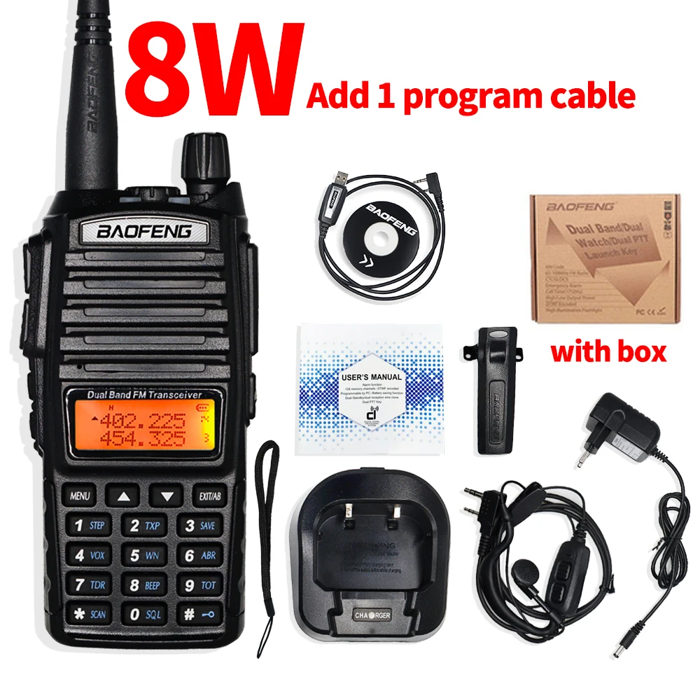 Baofeng UV-82 иди и болтай Walkie Talkie 8 Вт Мощность Портативный двухстороннее радио UV82HP Tri-Мощность двойной PTT Ham CB радио 10 км UV82 охотничий оптический трансивер - Цвет: 8W add 1 cable