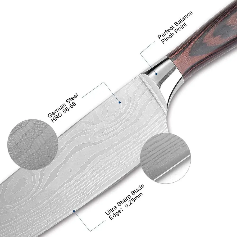 TPUSNOK 8 дюймов японский нож шеф-повара кухонный нож повара имитация дамасский узор кухонные острые ножи сантоку для приготовления пищи