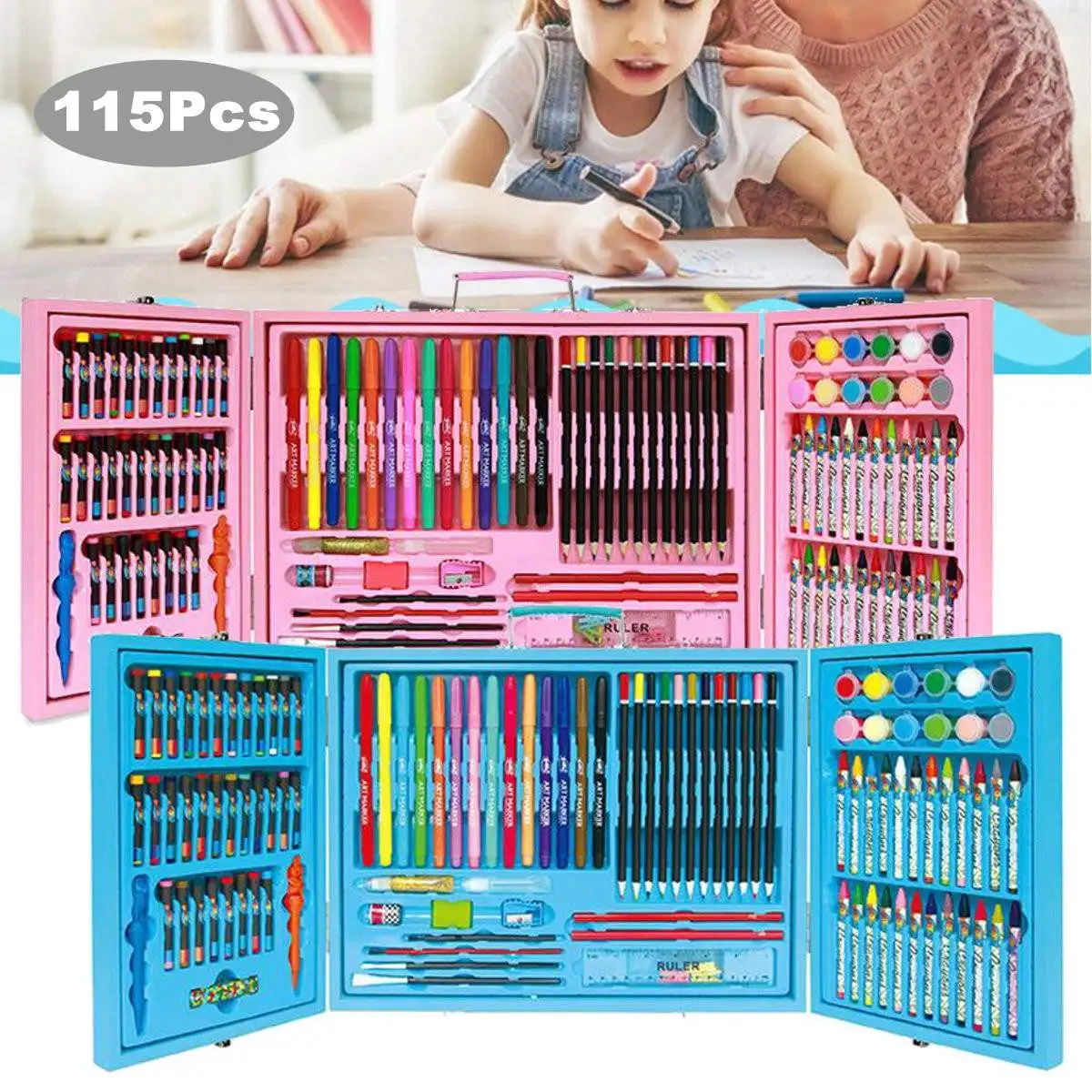 

115 Pcs Art Box Set Pencil Oil Pastel Marker Pastel Paint Ruler Eraser Sharpener Children's Brush Stationery Case Stationery Set
