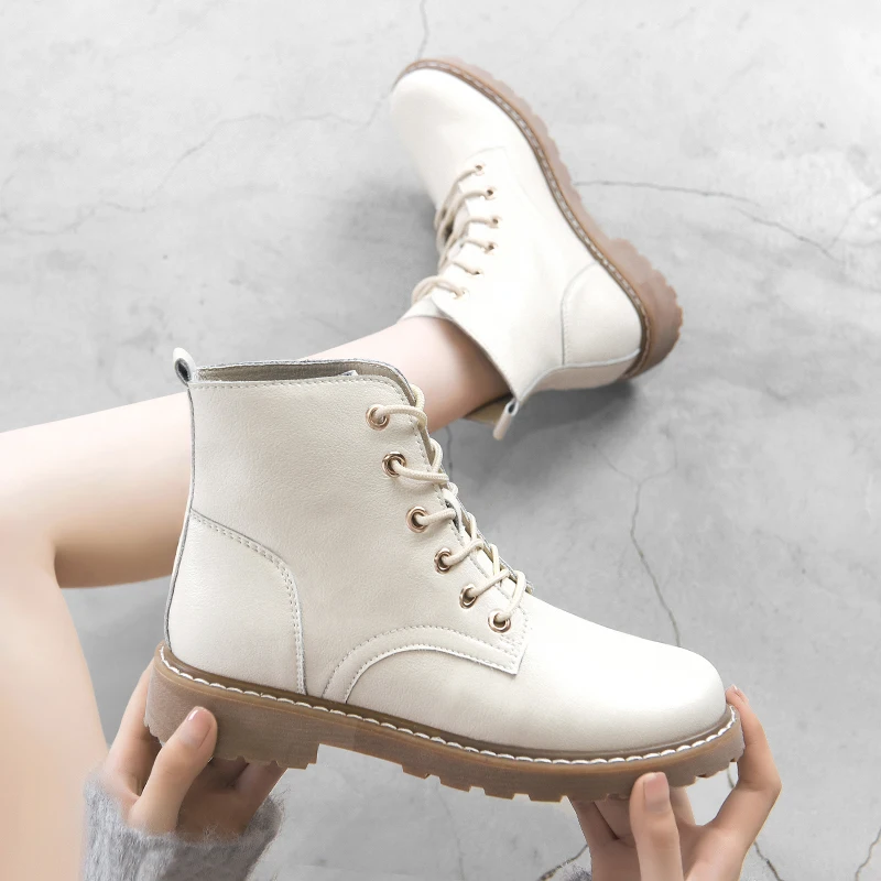 Fashion Ankle boots women 2020 Winter Boots Women Lace Up Ankle Boots Soft Split Leather Female Motorcycle Boots Black 942762