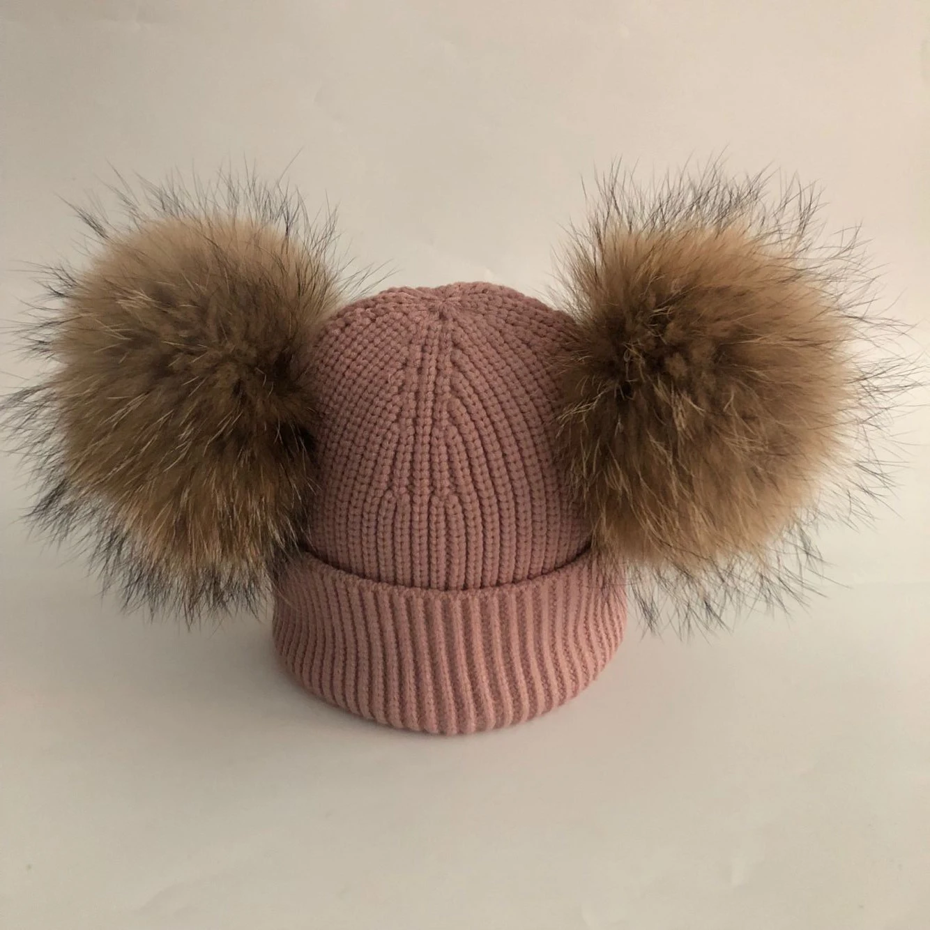 Children Pink Модная шапка с помпоном из натурального меха норки, женская зимняя шапка, Вязаная Шерстяная хлопковая шапка с двумя помпонами, вязаная Лыжная шапка для девочек, женская шапка - Цвет: Children Pink