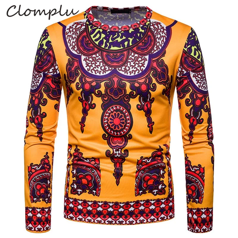 Clomplu Dashiki модные футболки с 3D принтом африканская одежда мужская футболка Дашики футболка с круглым вырезом и длинными рукавами африканская мужская одежда