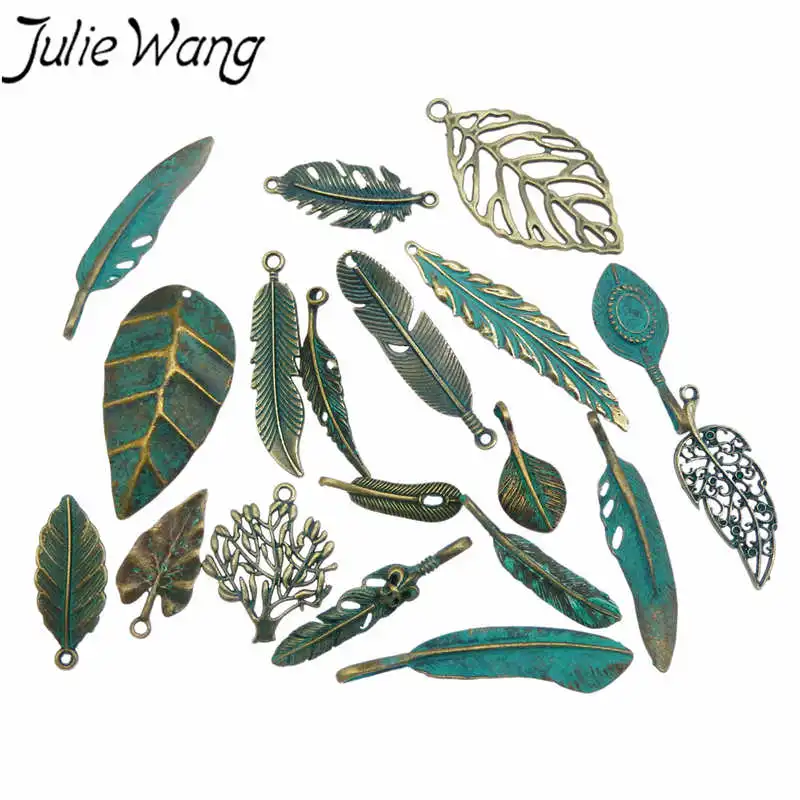 Alloy Pendant Jewelry Charms Metal Charm 14pcs Leaves Feather Charms Alloy Antique Bronze Random Mixed Pendants Necklace Findings Jewelry Making Accessories