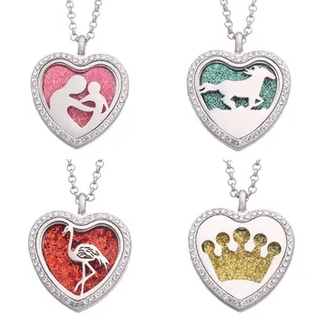 

10pcs/lot Silver heart Aromatherapy Essential Oil Diffuser Perfume Rhinestones open Locket necklace 60cm chain Free 100pads