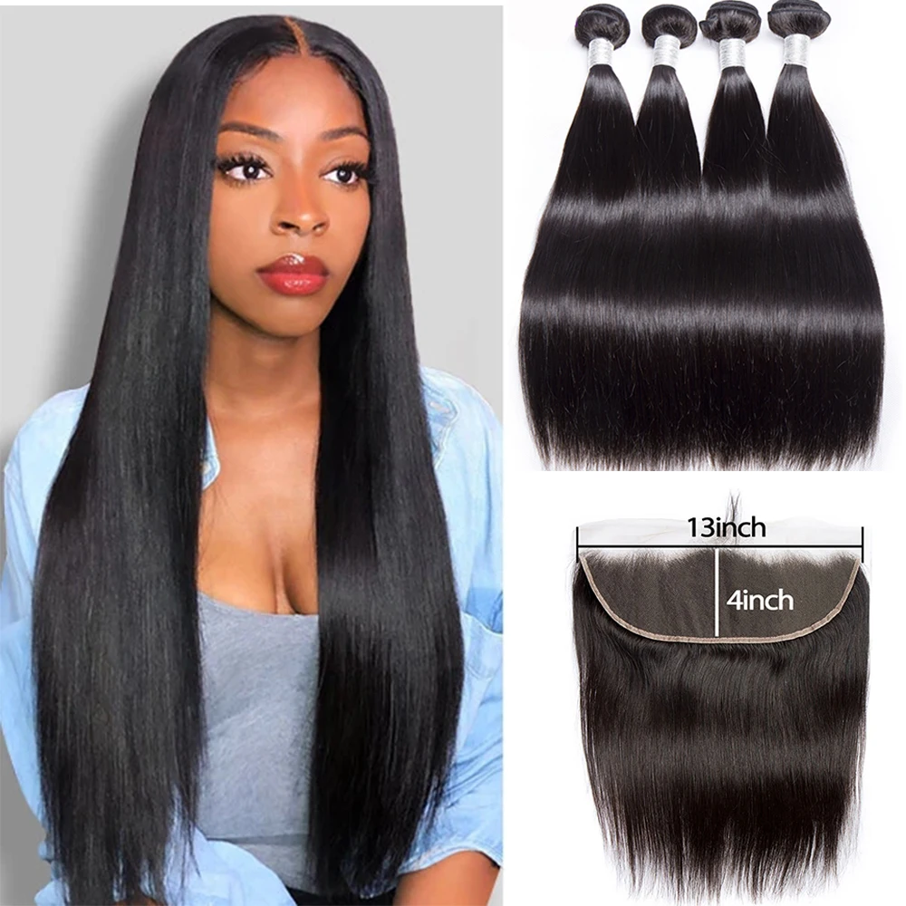 Straight Bundles with Frontal Closure Bone Virgin Human Hair Peruvian | Шиньоны и парики