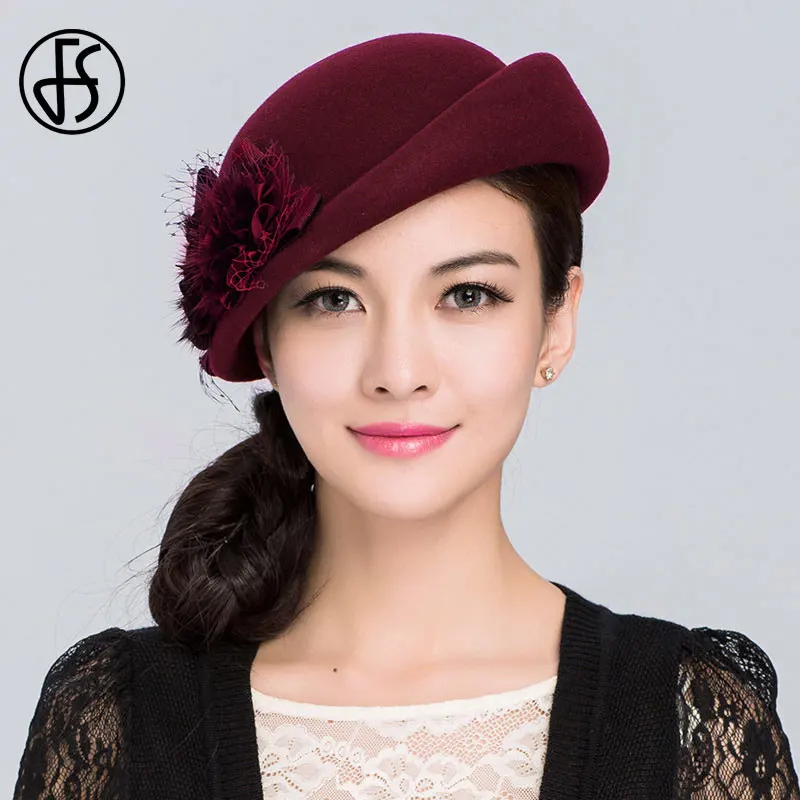 Elegant Wool Beret with Felt Flower Accent - Women's Winter Black Fedora Hat
