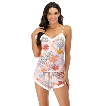 

New Pajamas Set Womens Sexy 2PCS Night Suits V-Neck Sleepsuit Nightshirts Sleeveless Sling Pyjamas Pink M