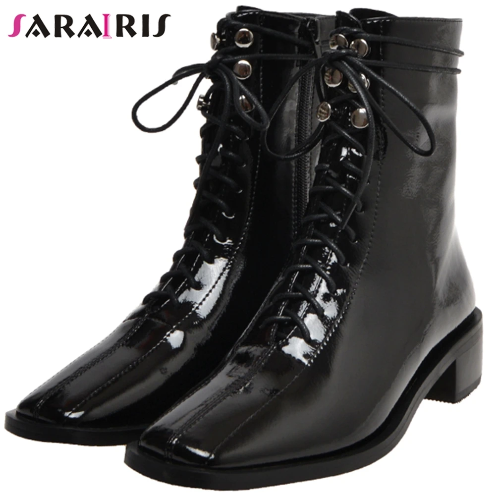 

SARAIRIS New Brand lace-up Square Toe Booties Ladies Black Genuine Leather Ankle Boots Women 2020 Med Heel Shoes Woman