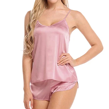 

Women's Summer Sexy Simulation Silk V-Neck Lace Suspenders Shorts Pajamas Suit Pink S Size