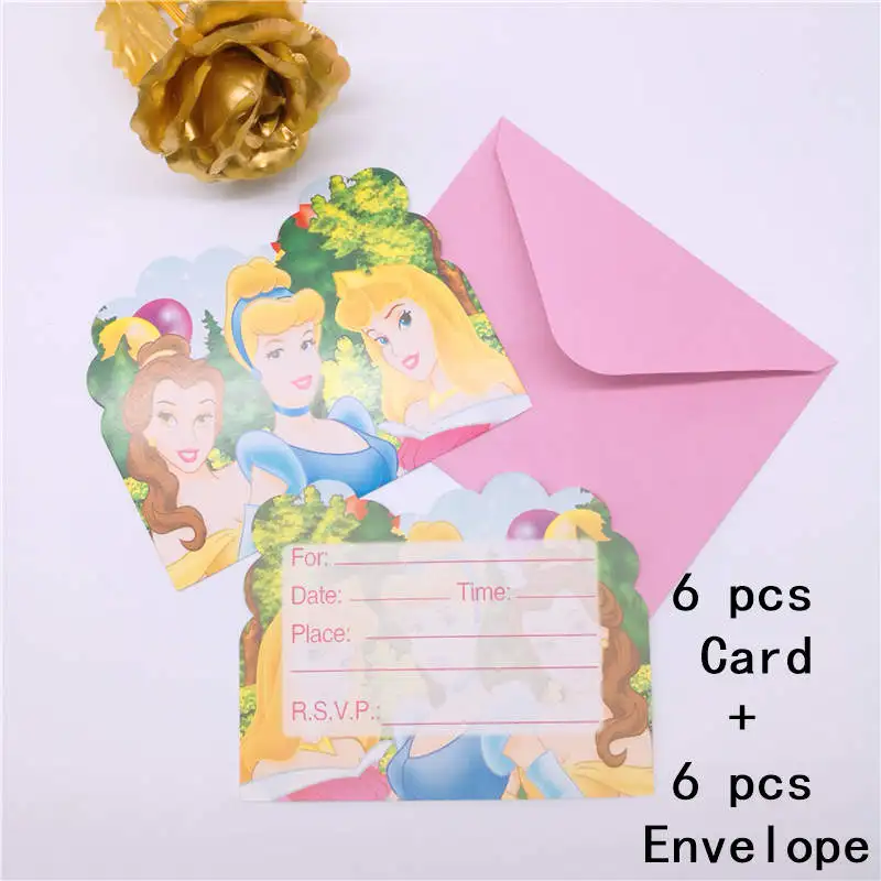 6Card6Envelope Одноразовые столовые приборы Принцессы Диснея, праздничные принадлежности для дня рождения, праздничные украшения, вечерние подарки - Цвет: 6Card6Envelope