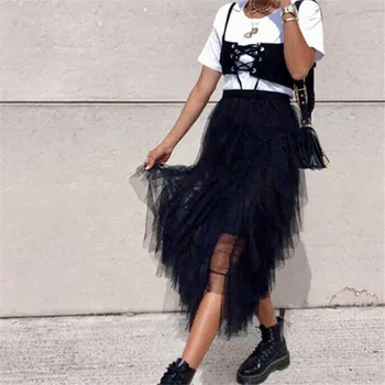 

Solid Ruffled Women Mesh Long Tutu Maxi Skirt High Waist Pleated Skirt