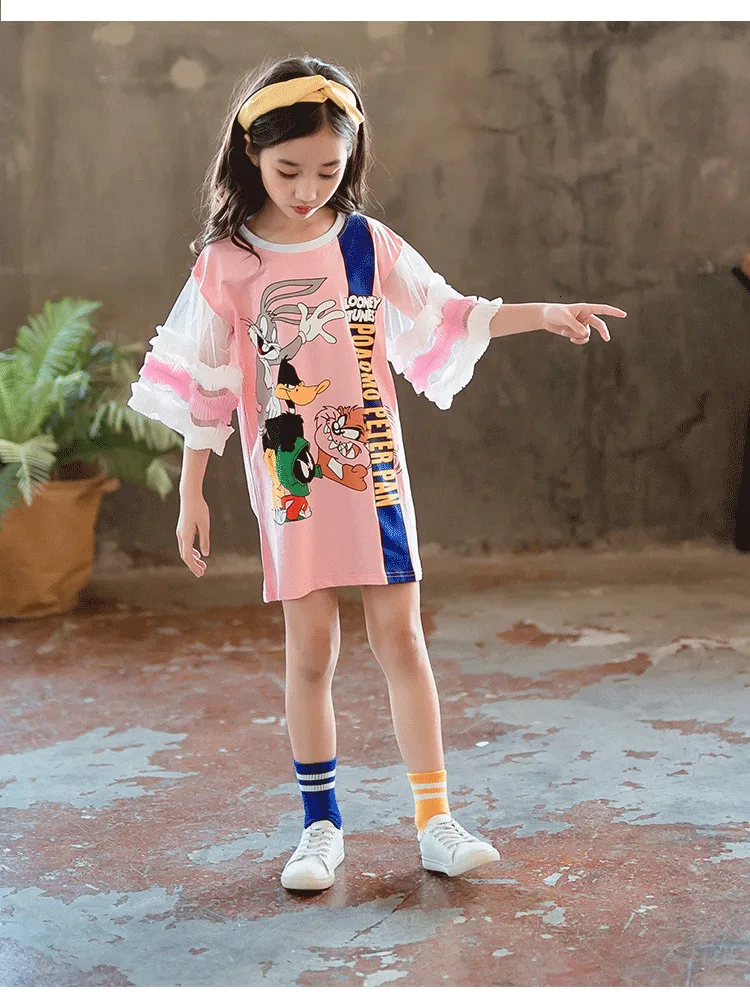 Платье-Свитер с героями мультфильмов для девочек Осенняя детская одежда с длинными рукавами розовый, белый цвет, для девочек от 3 до 10 лет, k1