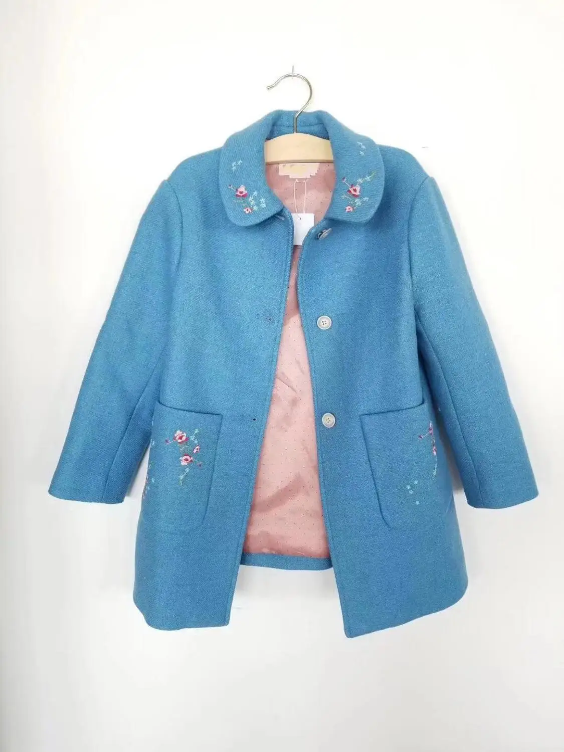 coat Зимняя модная синяя куртка, пальто, верхняя одежда, шерстяное пальто с вышитыми цветами, Брендовая верхняя одежда вишни, От 2 до 12 лет - Цвет: coat