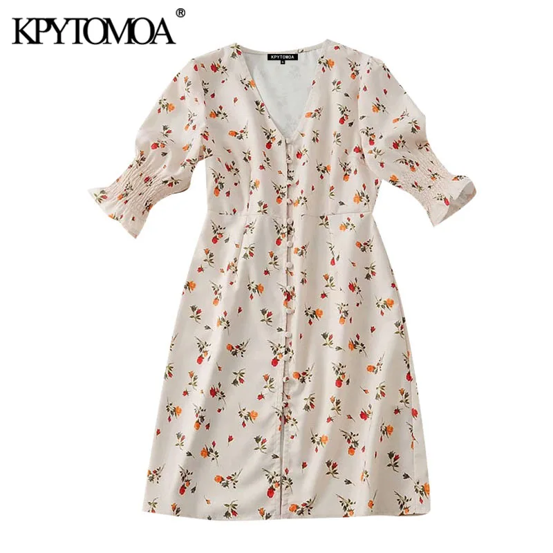 KPYTOMOA Women 2020 Chic Fashion Floral Print Buttoned Mini Dress Vintage V Neck Short Sleeve Female Dresses Vestidos Mujer KPYTOMOA Women 2020 Chic Fashion Floral Print Buttoned Mini Dress Vintage V Neck Short Sleeve Female Dresses Vestidos Mujer