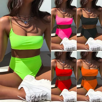 

2020 Popular Solid Color High Waist Bikini Sexy One-Shoulder Swimsuit Women's Split Swimsuit Bikini