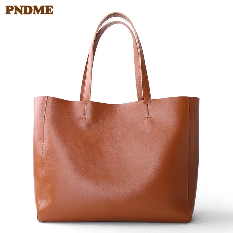 

PNDME simple high quality genuine leather ladies tote bag casual retro soft cowhide handbag shopping shoulder bags for women