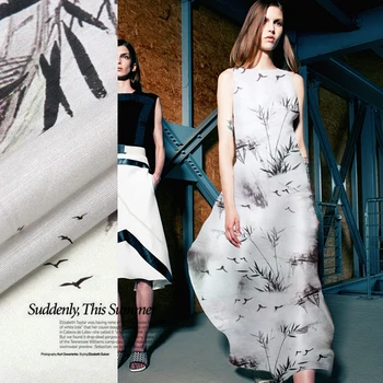 

Printed Silk Linen Fabric 14 momme 140cm Width Oil Painting Bamboo Printed Dress Material