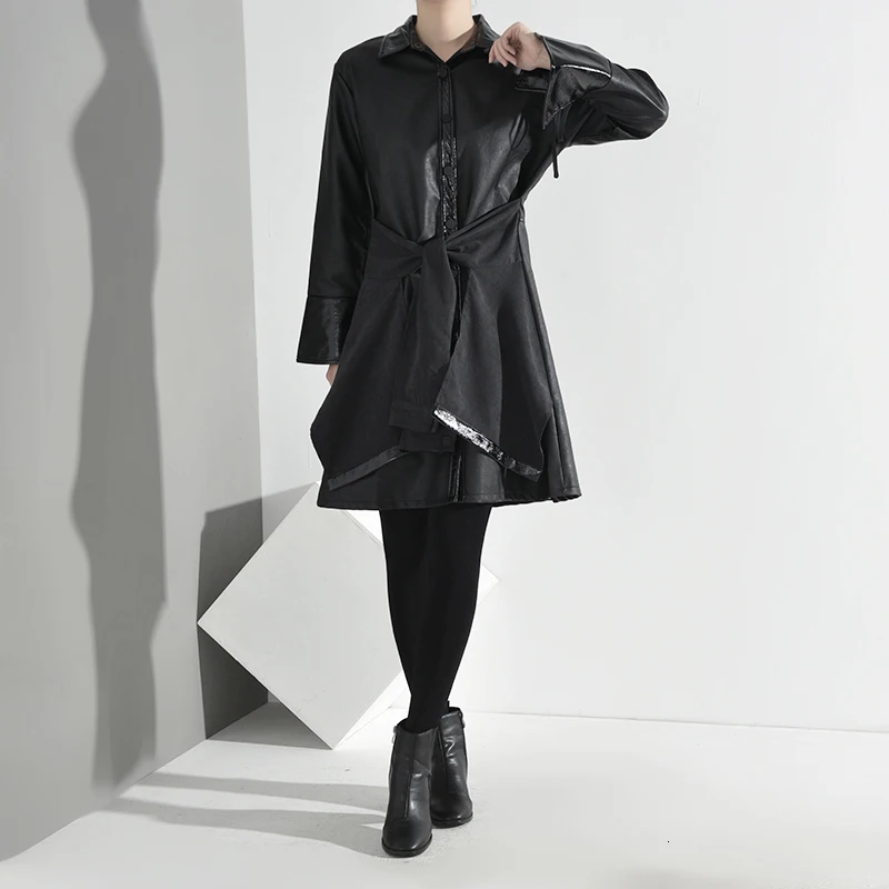 [EAM] женское черное платье из искусственной кожи, новинка, с отворотами, длинный рукав, свободный крой, модная одежда, весна-осень A378-01