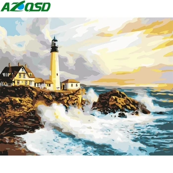 

AZQSD Oil Painting By Numbers Lighthouse Hand Paint Kit Canvas Paint By Numbers For Adults Sea Landscape Home Decor Gift Diy