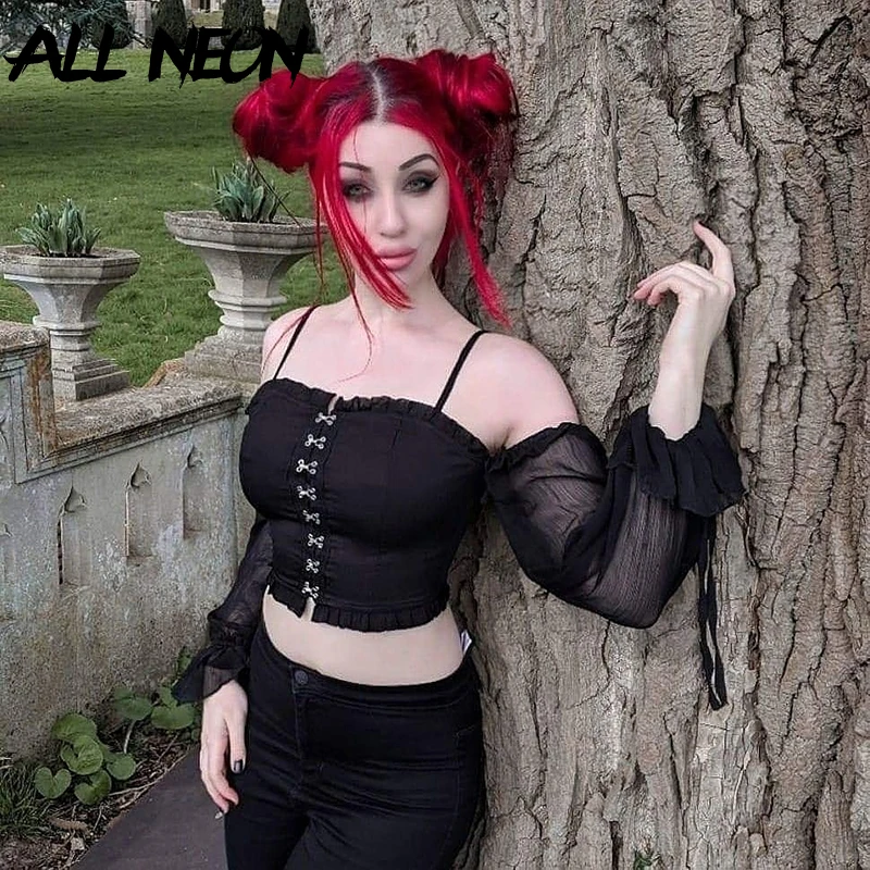 

ALLNeon Gothic Open Shoulder Ruffle Black T-shirts Lantern Sleeve Rivet Front Crop Tops Fashion Straped E-girl Chic Summer Tees