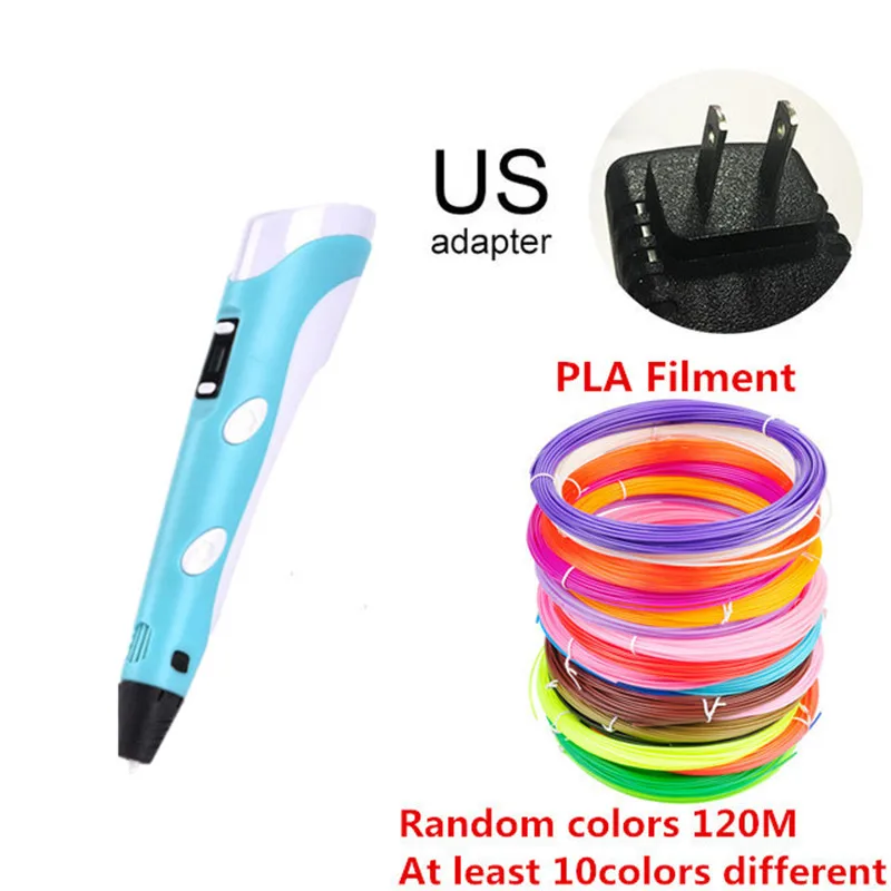 US BLUE 120M 3D ручка, ручка для 3d-печати, светодиодный дисплей, 3D ручки с 20 цветами, PLA ABS нити, зарядка через usb, 3D Ручка, набор для детей и взрослых, подарок - Цвет: US BLUE 120M