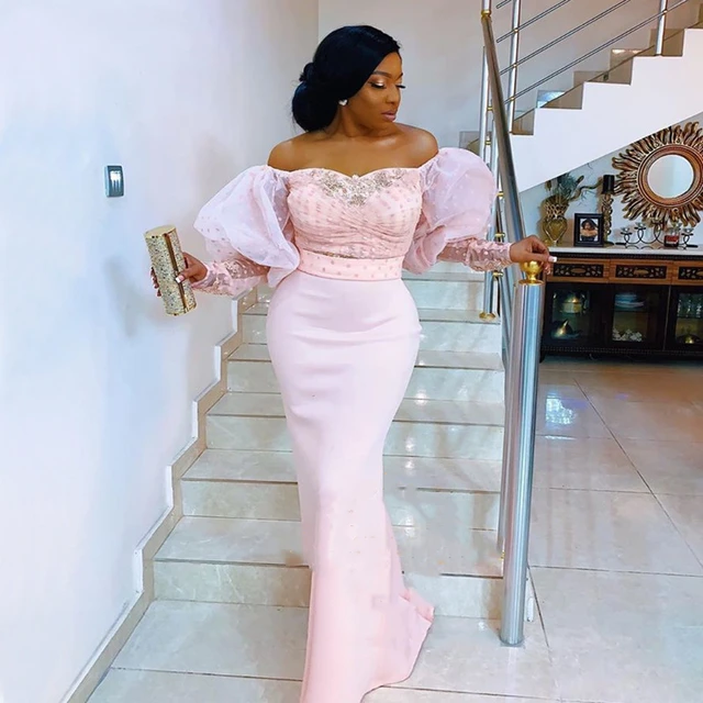 Janevini Elegant Light Pink Mermaid African Long Prom Dresses With Puffy  Sleeve Off Shoulder Appliques Beaded Satin Formal Gowns - Prom Dresses -  AliExpress