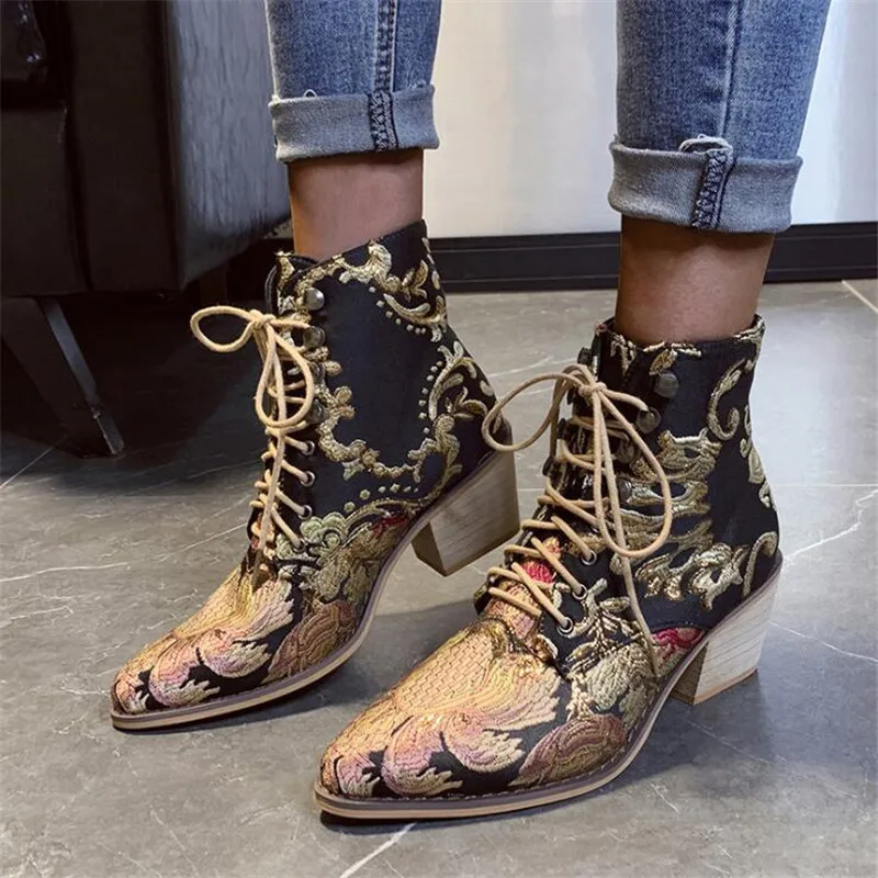 

Stylish Women Chelsea Boots Embroider Ethnic Winter Ankle Boot Lace Up Pointed Toe High Heel Shoes Warm Cowboy Botas Mujer Retro