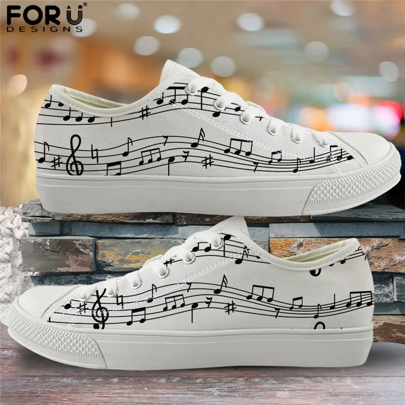 

FORUDESIGNS Canvas Women Shoes Music Notes Print White Vulcanized Shoes for Fashion Women Light Lace Up Footwear Ladies Flats