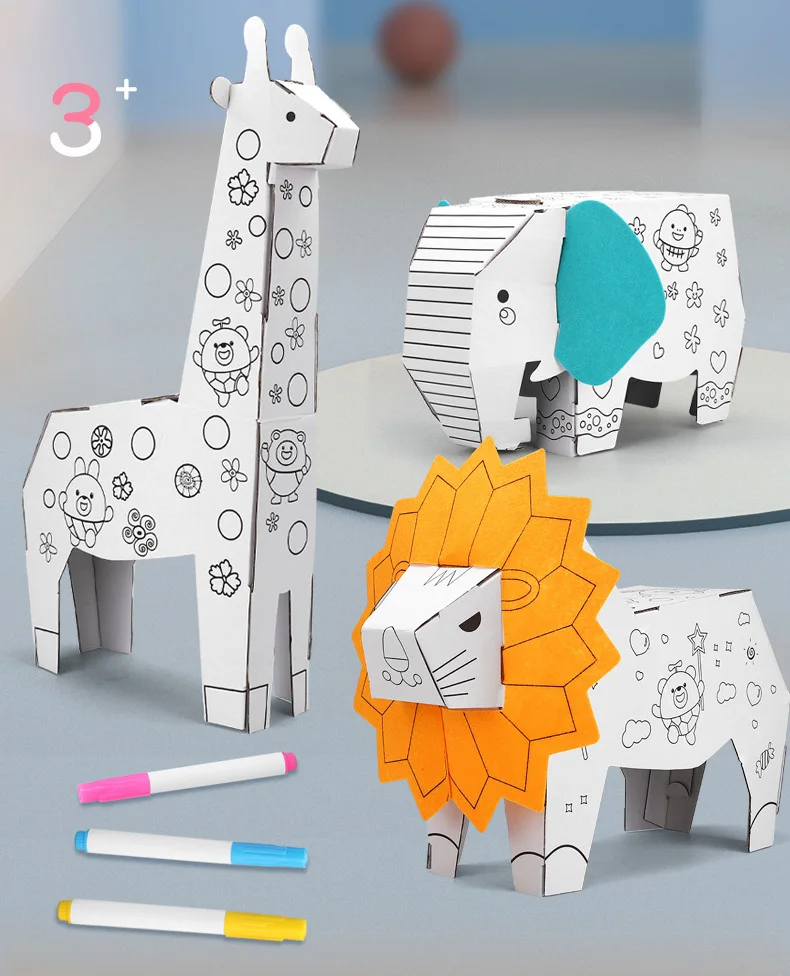 DIY Kids Educational Toys 3D Animal Graffiti Lion Elephant Giraffe Model Children Manual Disassembly Origami Paper Cut Toy Gift (1)
