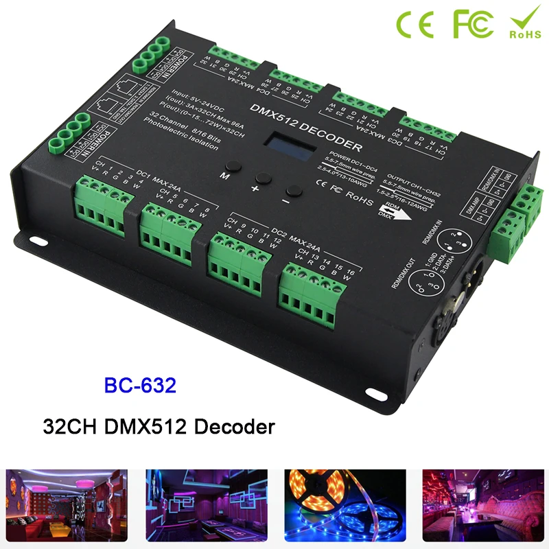 led Strip driver BC-632,32CH DMX-PWM Decoder Controller DC5V-24V Constant Voltage DIM /CT /RGB /RGBW 4 modes switch