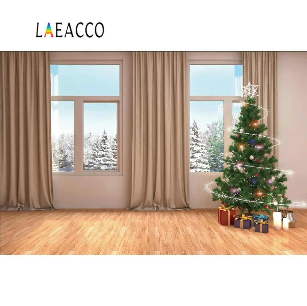 

Laeacco Cozy Decor Living Room Window Curtain Christmas Tree Gift Room Baby Photo Backgrounds Photography Backdrop Photo Studio