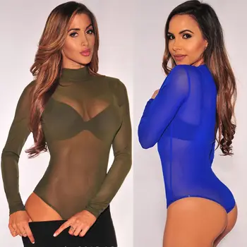 

Sexy Skinny Bodysuit Women See Through Mesh Transparent Long Sleeve Turtleneck Mesh Rompers Stretch Leotard Tops Overalls