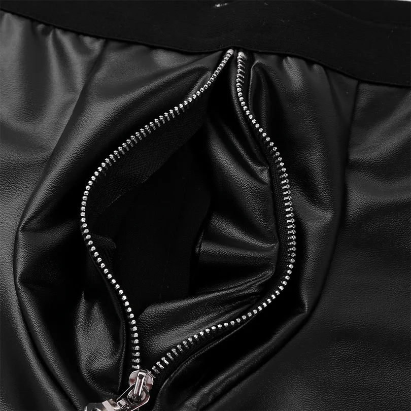 Mens Sexy Lingerie Wet Look Faux Leather Boxer Shorts Sexy Panties Zipper Crotch Low Rise Underwear Exotic Nightclub Underpants