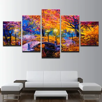 

Modern 5 Panels Color Abstract Park Night View Bridge Living Room Pictures Wall Art Painting HD Printed Frame Home Decor Poster