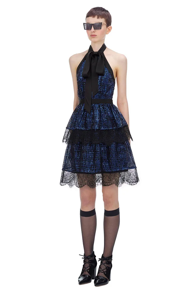 Elegant Bow Halter Sequined Mini Party Dress Summer Womens Sexy Off Shoulder Backless Slim Self Portrait Dresses