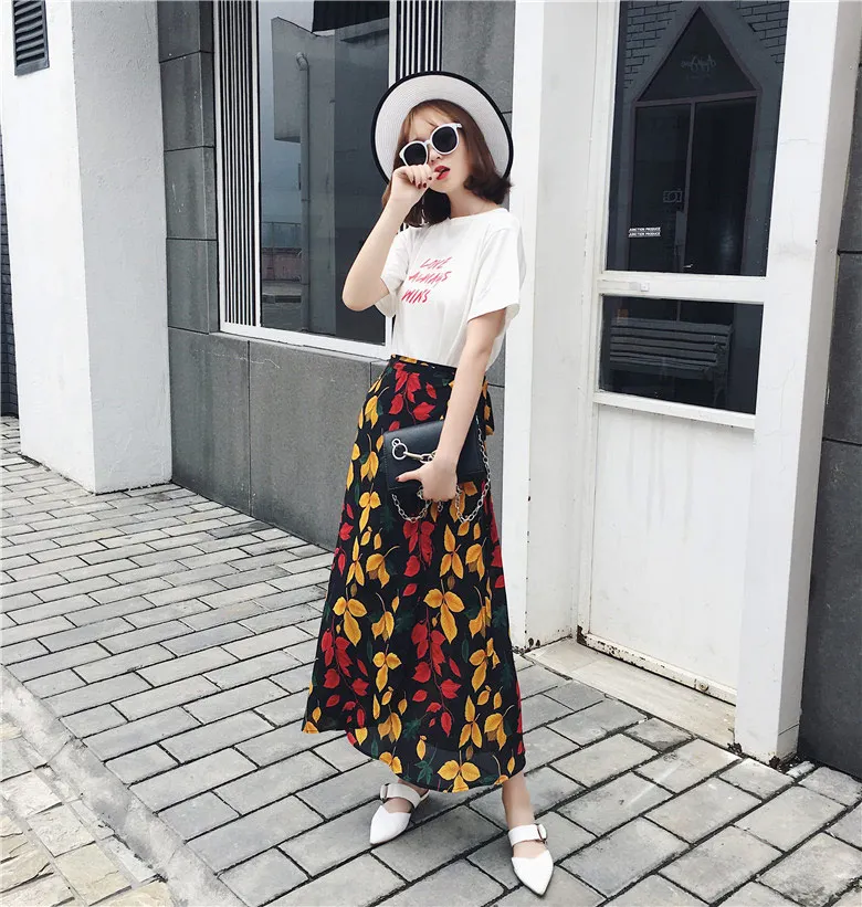 17 Богемная Высокая талия цветочный принт летние юбки женские s Boho Асимметричная шифоновая юбка макси длинные юбки для женщин - Цвет: 17