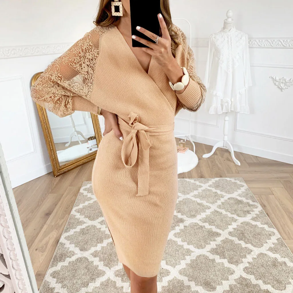 Сексуальное платье-свитер для женщин зимнее облегающее платье с длинным рукавом