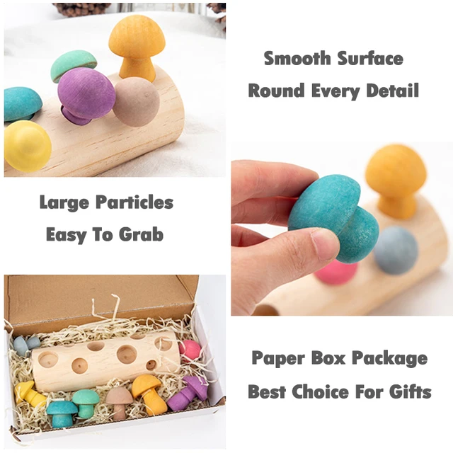 Wooden Rainbow Blocks Mushroom Picking Game Montessori Educational Wooden Baby Toys Developmental Shape Matching Assembly Grasp 3