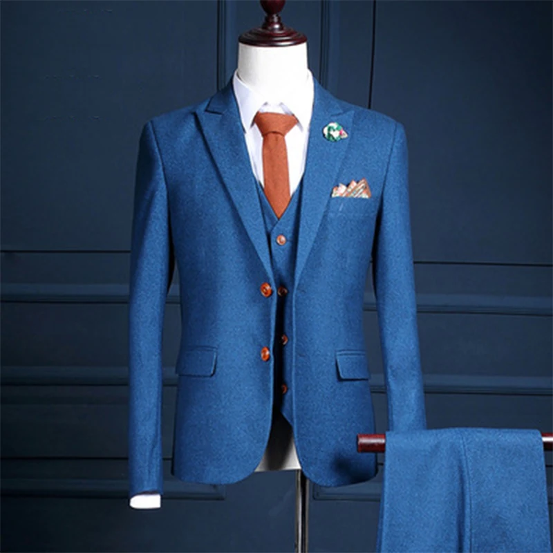 Формальные деловые мужские костюмы, Корейская версия, шоу, сценический костюм хоста, 3 штуки, синий жилет, приталенный, 5XL, Свадебные Мужские костюмы