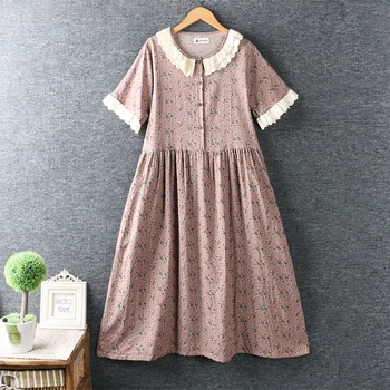 

2020 New Summer Women Dress Mori Girl Literary Fresh Embroidery Turndown Collar Cotton and linen Print Loose Long Dresses