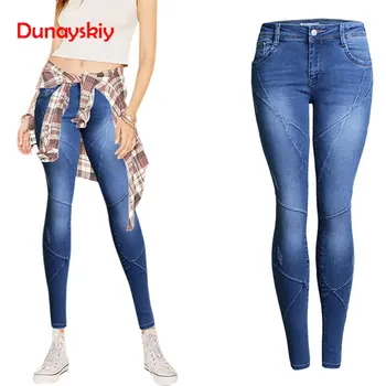 

Women's Denim Jeans Plus Size Brand New Mid Low Waist Stretch Skinny Slim Pencil Jeans For Women Crossing Line Patchwork