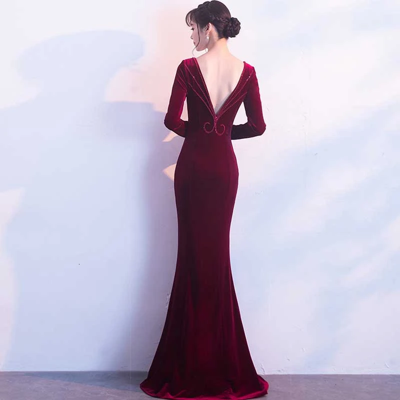 Модное красное вино Cheongsam современный Qipao бархатные Длинные вечерние платья в китайском стиле женские платья в восточном стиле китайский халат костюм