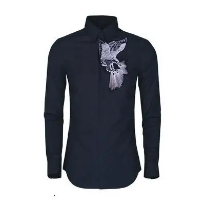 Роскошная мужская рубашка, однотонная, изысканная, с вышивкой орла, с длинным рукавом, мужская рубашка, белая, черная, приталенная, мужские рубашки - Цвет: Black